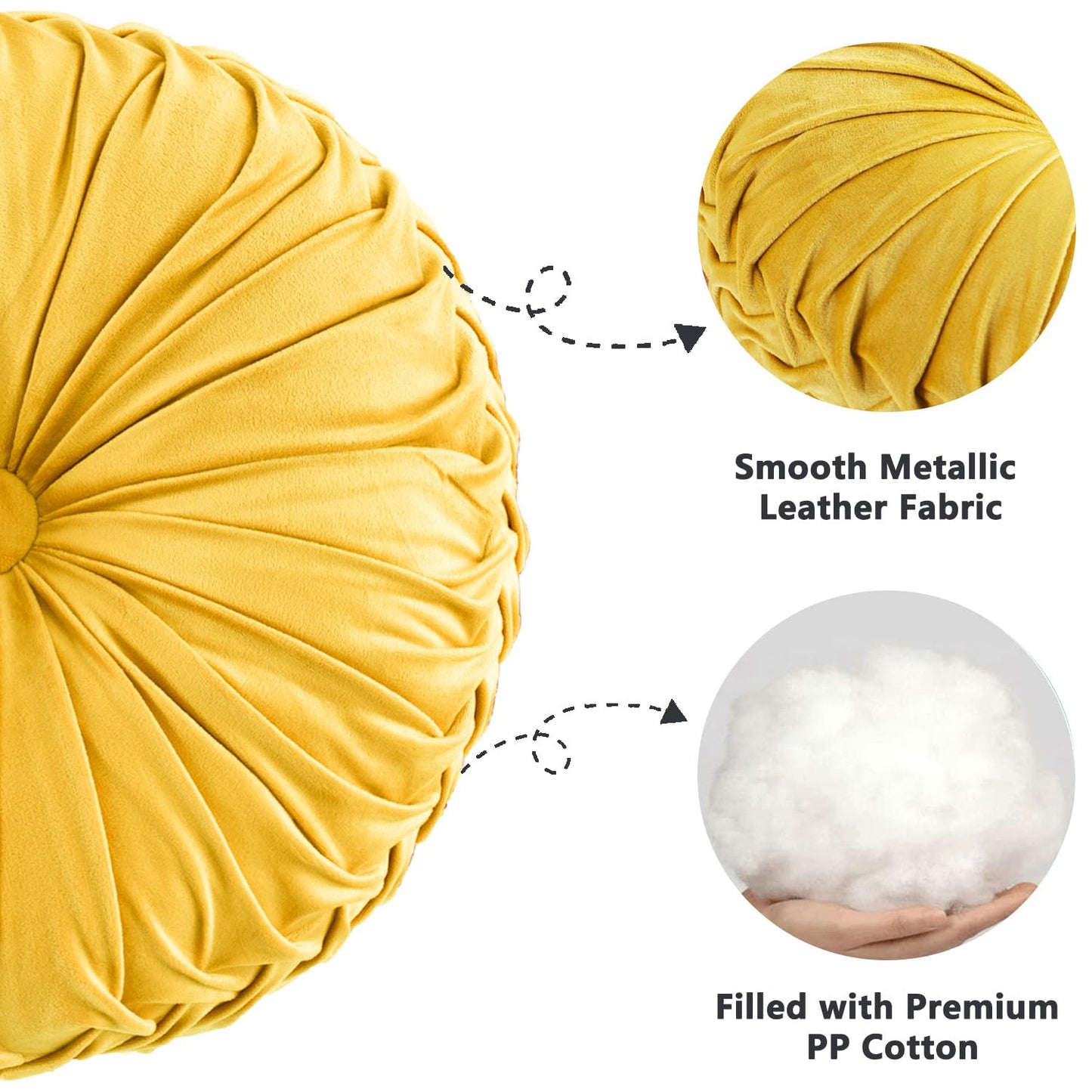HIG Set of 2 Yellow Ruched Velvet Round Throw Pillows – 14.5’’ Decorative Pillows with Soft Polyester Filling for Couch, Bed, Living Room, Bedroom, or Dorm – Handmade, Stress Relieving, All-Season