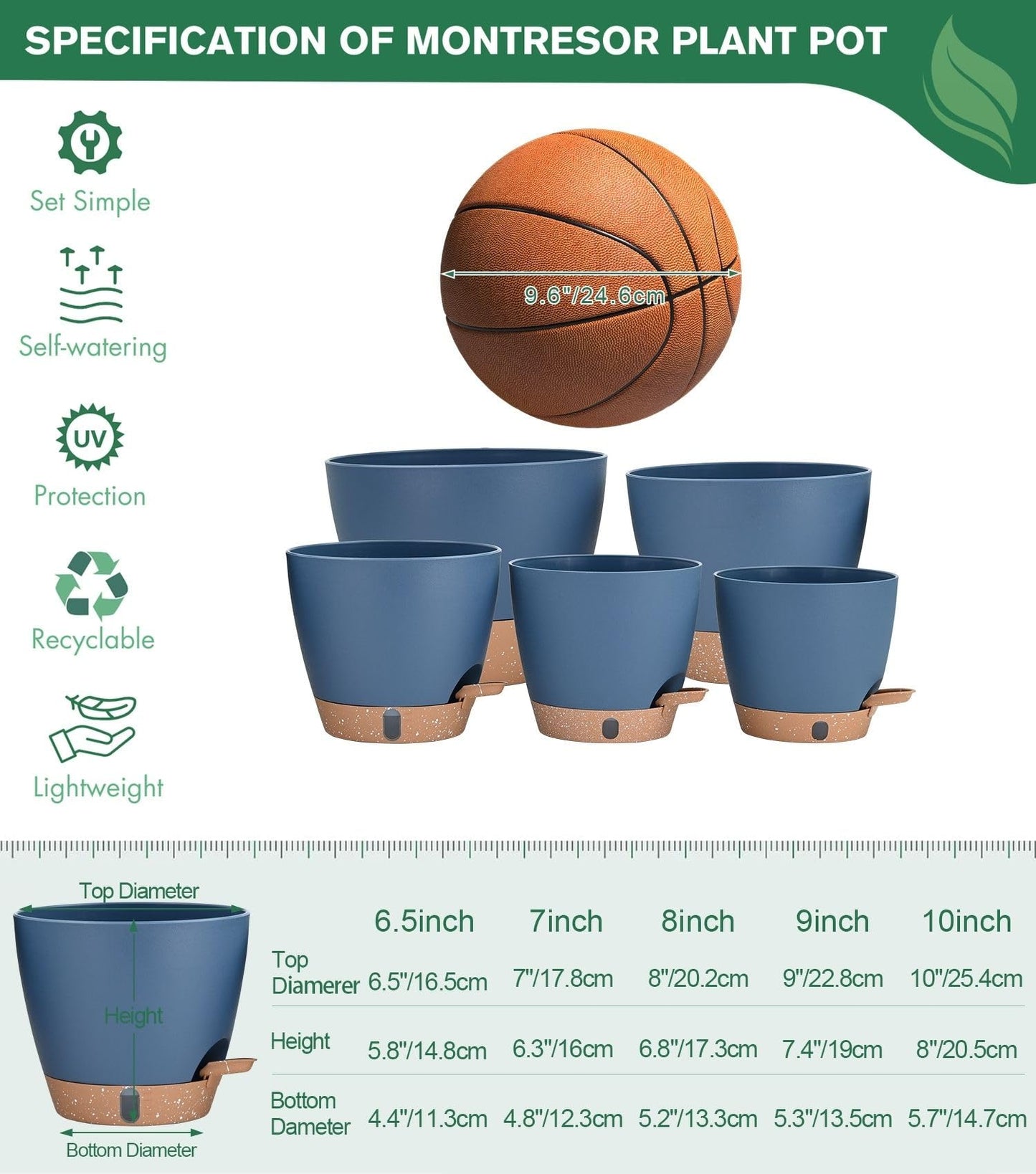 montresor 5-Pack Self Watering Pots for Indoor Outdoor Plants, 10/9/8/7/6.5Inch PP Plastic Planters for Outdoor Plants with Water Level Indicator & Drainage, Self Watering Outdoor Planters (Blue)