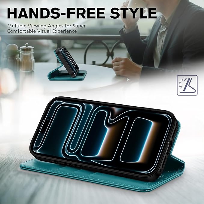 TUCCH Case Wallet for iPhone 17 Pro Max (6.9-Inch) 2025, [3 Card Slots] Kickstand [RFID Blocking] PU Leather Case, Flip Folio Cover with [TPU Shockproof Interior Shell], Teal Green