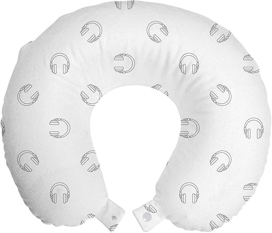 Ambesonne Music Travel Pillow Neck Rest, Headphones Illustration Modern Audio Melody Earphones Sound Stereo Theme Drawing, Memory Foam Traveling Accessory for Airplane and Car, 12", Grey White