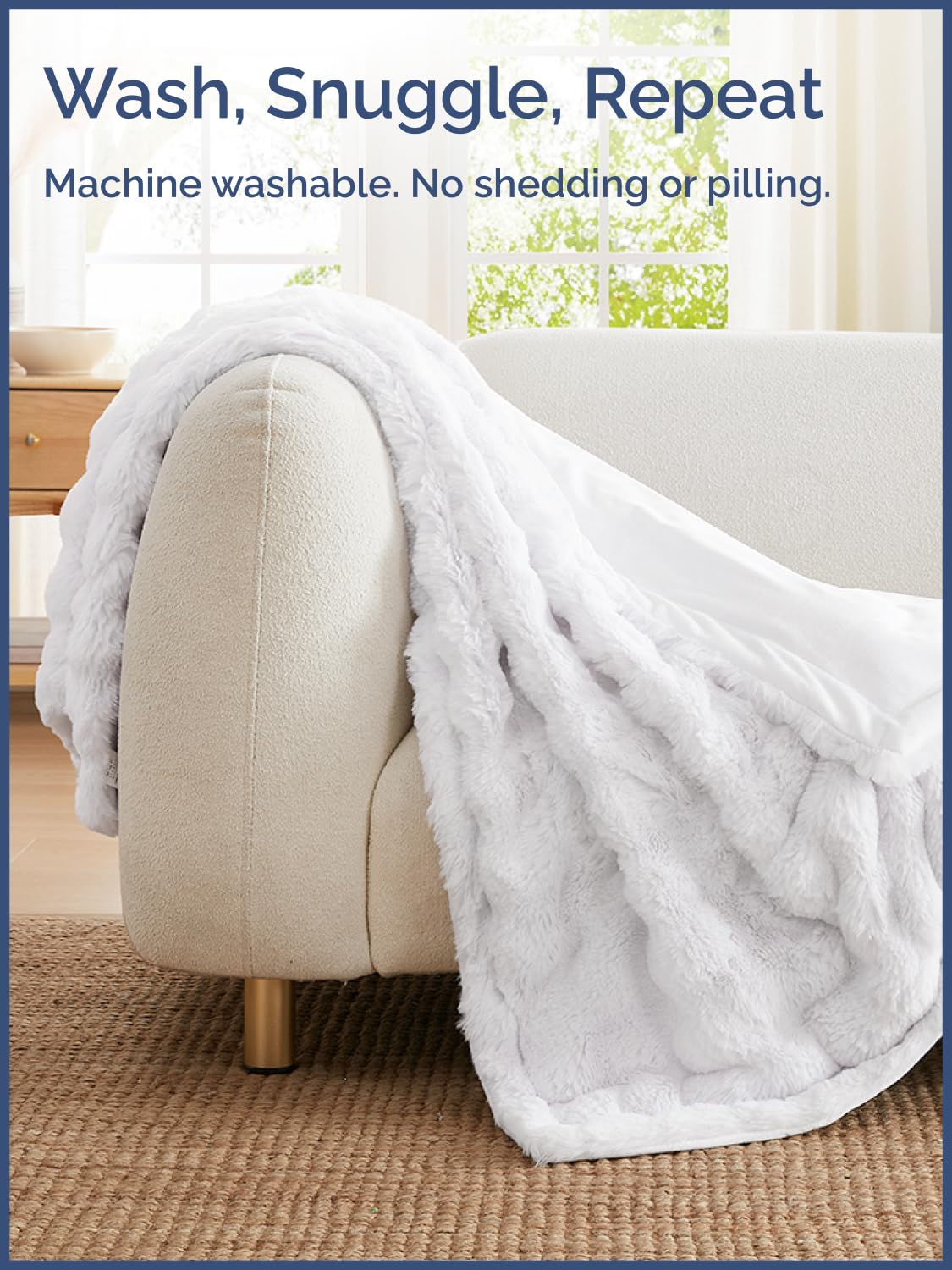 White Throw Blanket - Fluffy Throw Bubble Blanket Queen Size - Extra Thick Rabbit Faux Fur for Couch, Sofa, Chair or Bed - All Season, Ultra-Soft, Plush, Fuzzy, Cozy for Men, Women & Teens - 90" x 90"