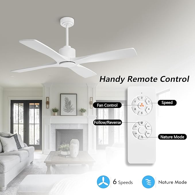 WINGBO 54" DC Ceiling Fan without Lights, 4 Carved Solid Wood Blades, 6-Speed Noiseless Reversible DC Motor, Modern Ceiling Fan No Light with Remote, Gloss White Finish with White Blades, ETL Listed