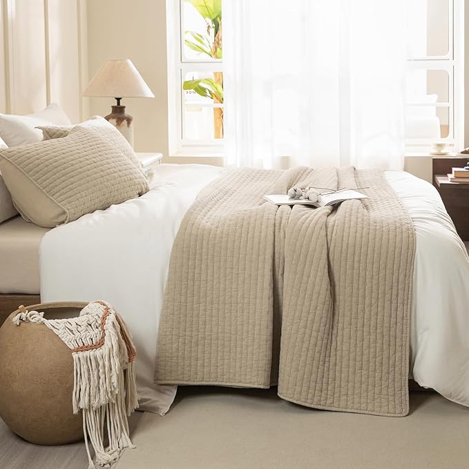 Sanracie Stonewashed Cotton Coverlet King Size(110"x98"), Dark Wheat Colored Cross Stitch Pattern Quilt Bedding Set 3Pcs Extra Soft Breathable Crinkle Quilted Bedspread Set for All Season