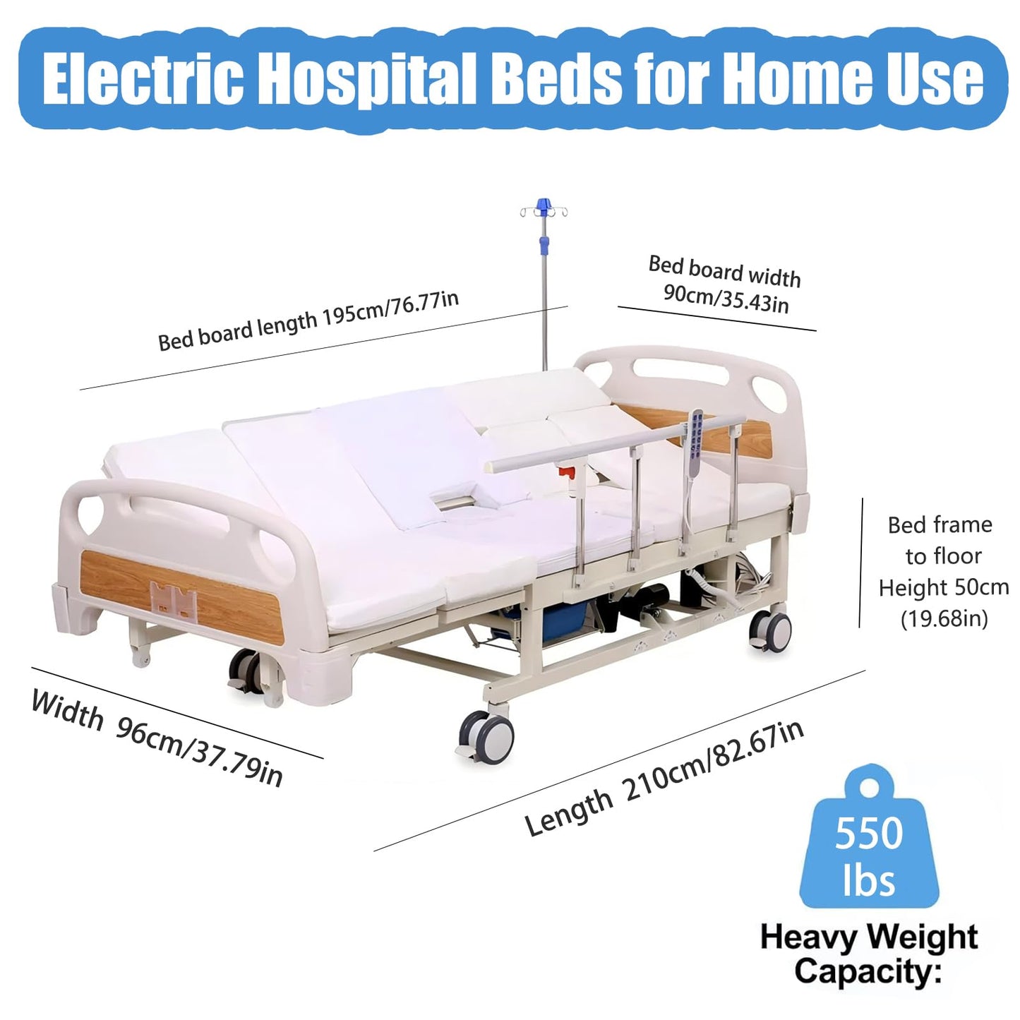 Full Electric Hospital Bed for Home Use, 10 Function Adjustable Medical Bed with Auto Turning, Patient Care Bed for Elderly, Hospital Beds with Mattress, Dining Tray, IV Pole, Steel Rails, 550 LBS