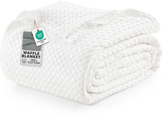 Utopia Bedding 100% Cotton Waffle Weave Blanket Queen Size for Bed - Lightweight, Breathable Summer Blankets Soft and Cozy, Gifts for Fathers Day Home Room Decor (White, 90x90 Inch)