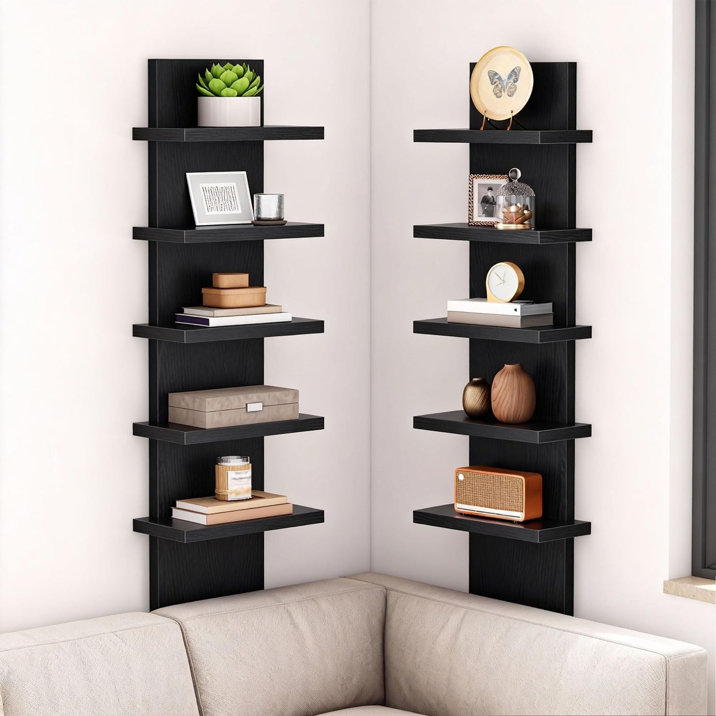 HOOBRO 5 Tier Wall Shelf Unit, 2 Pack Floating Shelves for Wall, Wall Mounted Shelves for Storage, Vertical Display Shelf, Organizer Tall Tower Design for Livingroom Bedroom Kitchen, Black BK18BJP201