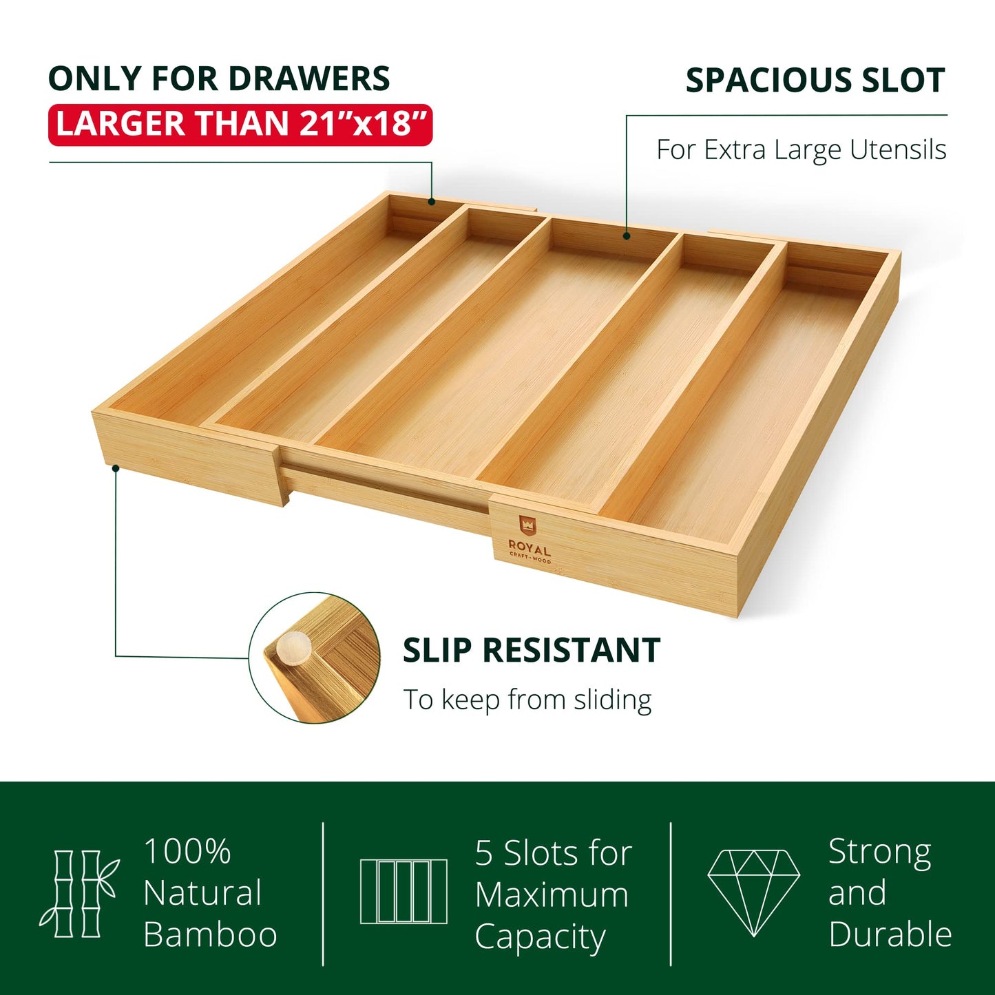 Luxury Bamboo Kitchen Drawer Organizer - Silverware Organizer - Utensil Holder and Cutlery Tray with Grooved Drawer Dividers for Flatware and Kitchen Utensils (5 Slot, Natural)
