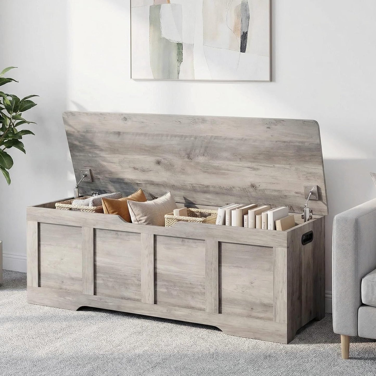 Timberer 47.2" Storage Chest, Extra Large Storage Trunk with 2 Safety Hinges, Wooden Storage Bench, Shoe Bench, Entryway Bench for Living Room, Bedroom, Grey