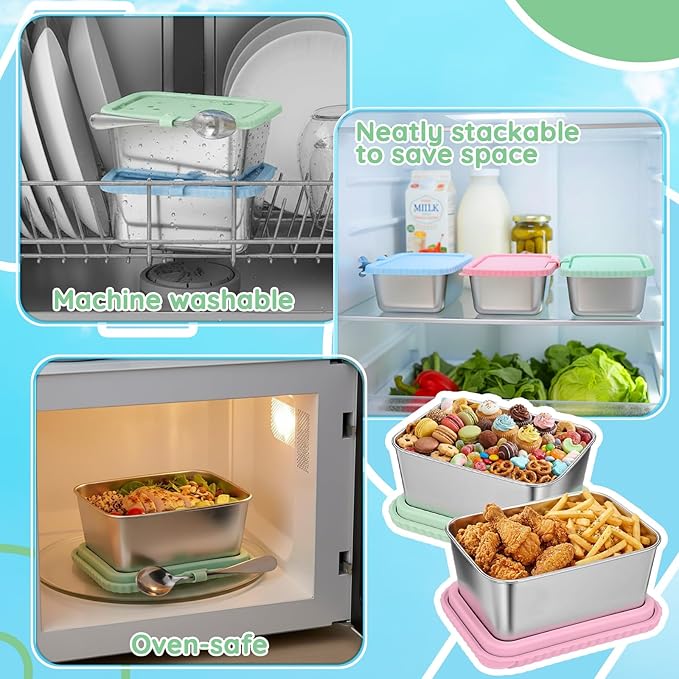 Acellegic Stainless Steel Snack Containers with Silicone Lids, 15 oz Reusable Food Storage Deli Containers for Meal, Leak Proof, Easy Open BPA Free Daycare and School(Blue, Pink, Green,3 Pack)