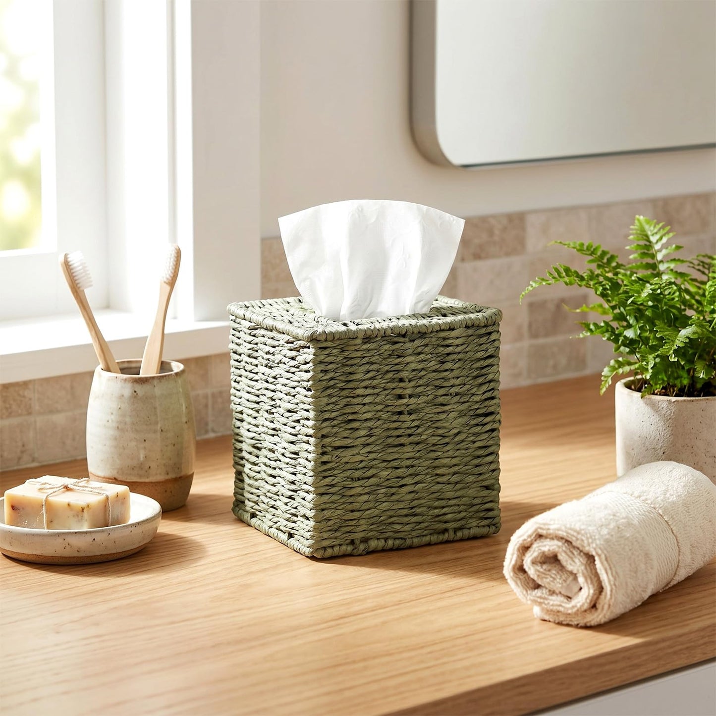 Thyle Sage Green Tissue Box Cover 2 Pack, Boho Hand Woven Paper Rope Square Tissue Box Holder, Decorative Cube Napkin Organizer for Bathroom, Bedroom, Living Room, Desk & Office