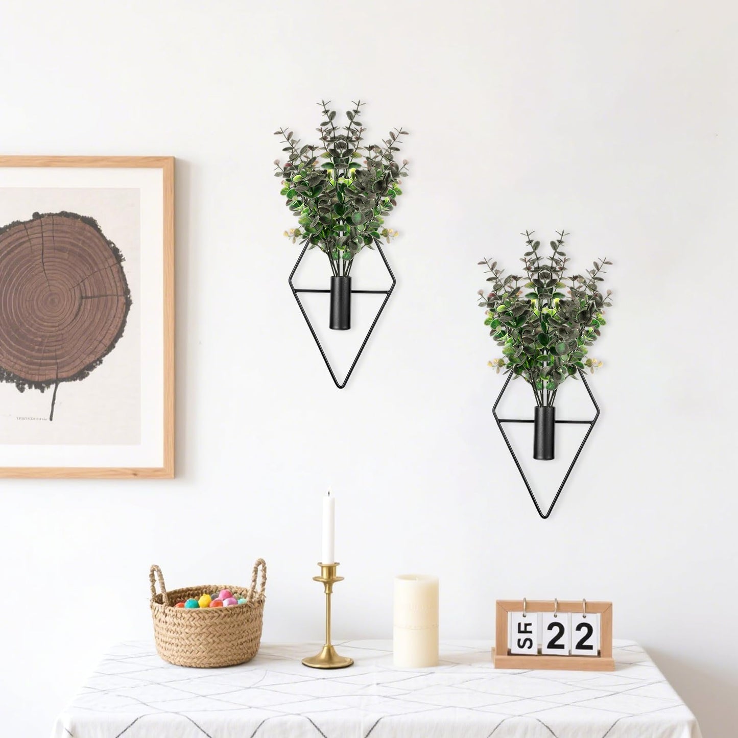 Jaarssho Wall Decor Hanging Planters with Artificial Plants, Modern Metal Wall Planter Set with Greenery Eucalyptus, Geometric Fake Plants for Black Decor Living Room Aesthetic (4 Pcs)