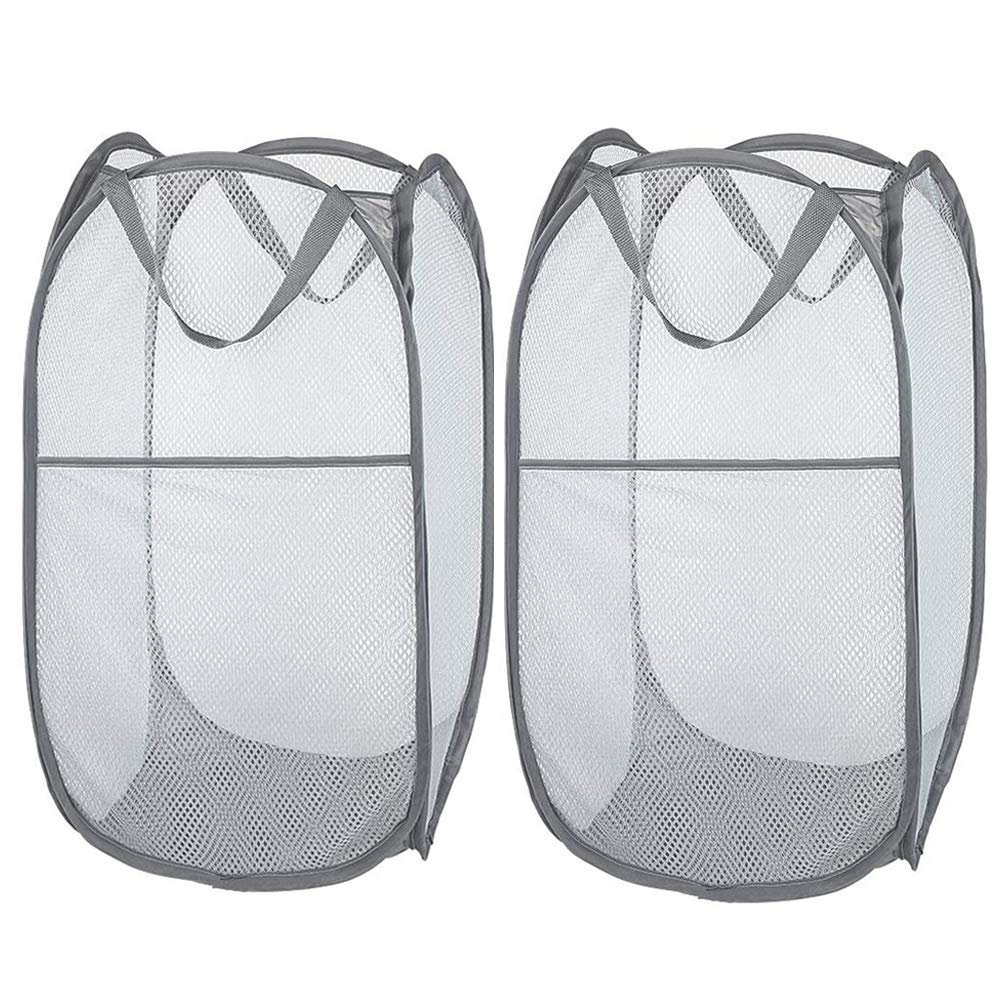 Larpur 2 Pcs Popup Mesh Laundry Baskets, Collapsible and Portable Clothes Washing Laundry Hampers with Reinforced Carry Handles, Gray Clothes Hamper for Home, Travel, College Dorm