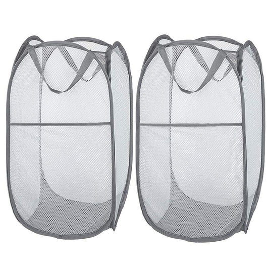 Larpur 2 Pcs Popup Mesh Laundry Baskets, Collapsible and Portable Clothes Washing Laundry Hampers with Reinforced Carry Handles, Gray Clothes Hamper for Home, Travel, College Dorm