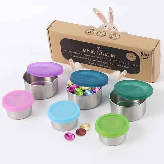 Alpine Elevation 12-Piece Stainless Steel Snack Dip Condiment Containers Set | 3 x 7.4 oz and 3 x 3.4 oz with Silicone Lids | Reusable Leakproof Food Storage Containers for Lunch Meal Prep and Travel