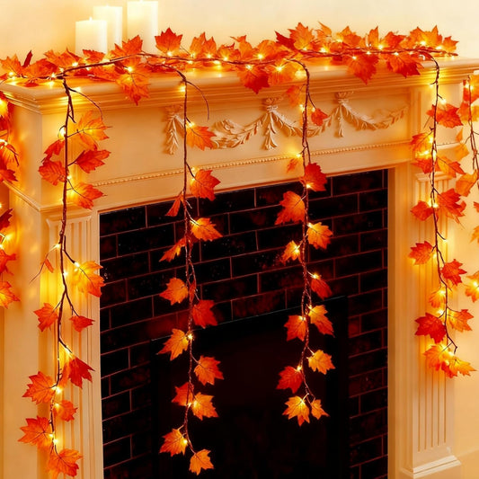 NWLIGHT Fall Garland with Lights, 6.56Ft Orange Maple Leaf, 24 LED, Timer, Indoor Autumn Decoration