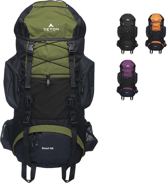 Teton 55L Scout Internal Frame Backpack for Hiking, Camping, Backpacking, Travel, Rain Cover Included, Olive