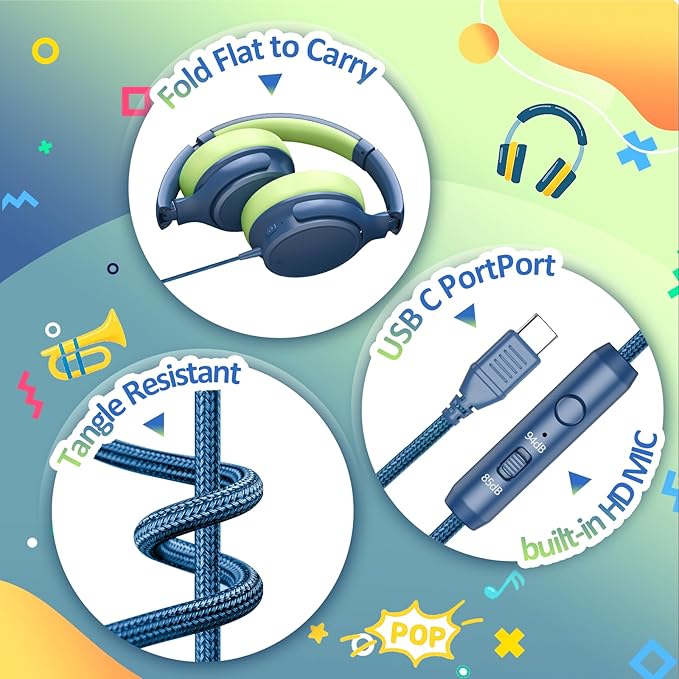 INFURTURE USB C Headphones Kid with Mic, Active Noise Cancelling Kids Headphones, 85/94dB Safe Volume Limit, Over Ear Headsets, Boys Girls Wired Headset for School/Travel, for Kids