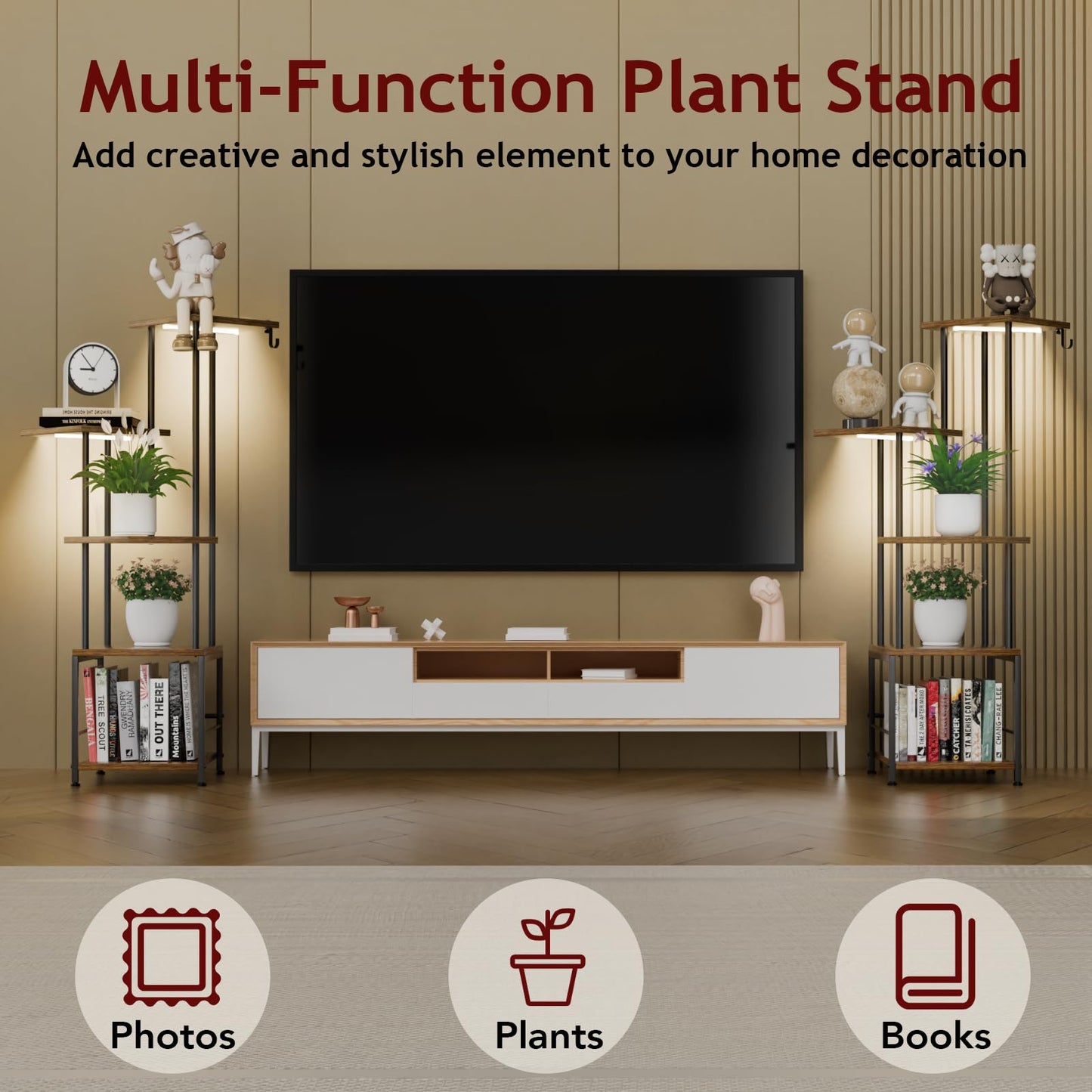 Homsorout Plant Stand Indoor with Grow Light - 5-Tier Metal Plant Shelf with Hanging Basket Hook, Corner Tall Flower Holder for Multiple Plants, Living Room Balcony Garden Patio, Rustic Brown
