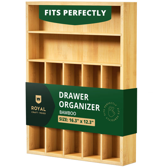 ROYAL CRAFT WOOD Luxury Bamboo Utensil Rack and Silverware Organizer, Kitchen Drawer Organizer - Utensil Holder and Cutlery Tray with Grooved Drawer Dividers for Flatware 7 Slot, Natural