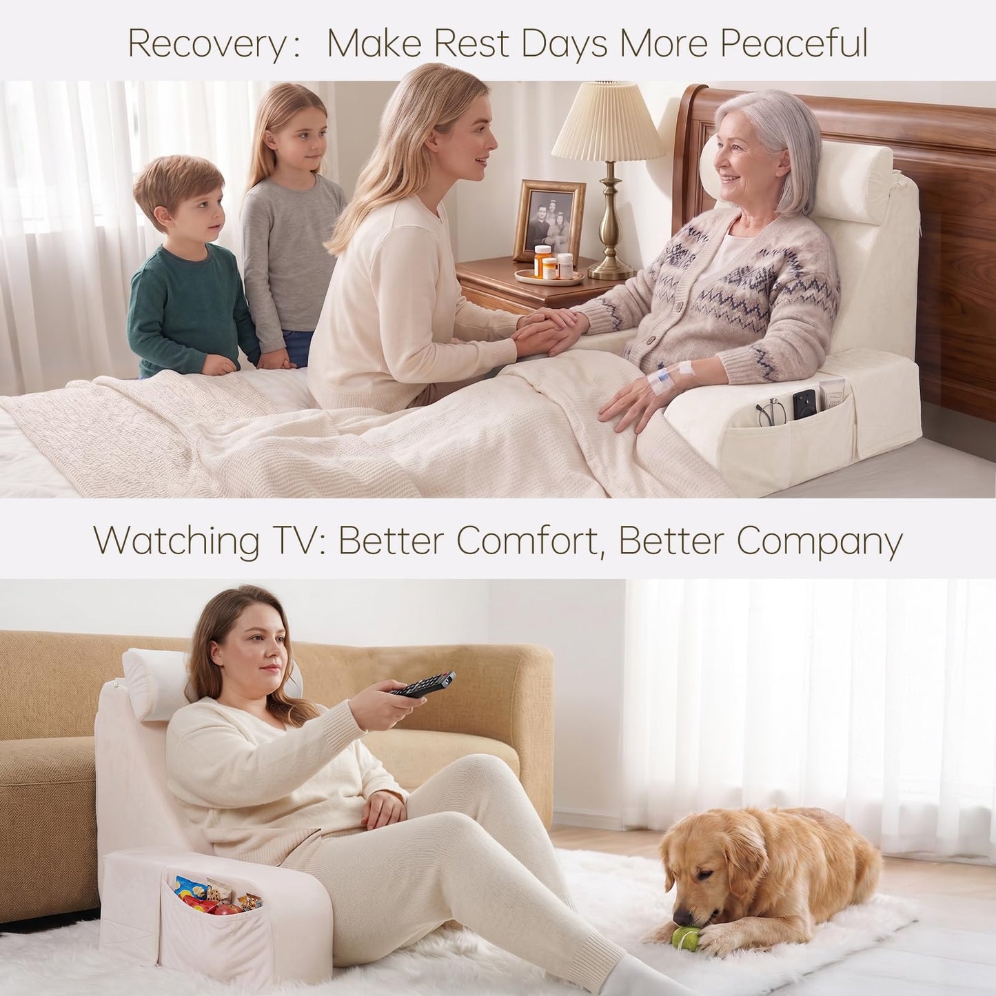 ENITYA 19" Back Pillow for Bed Sitting up, Big Pockets and Washable Removable Cover, Reading Chair for Watching TV/Reading/Gaming/Resting in Bed, Couch or Floor, Medium(Ivory)