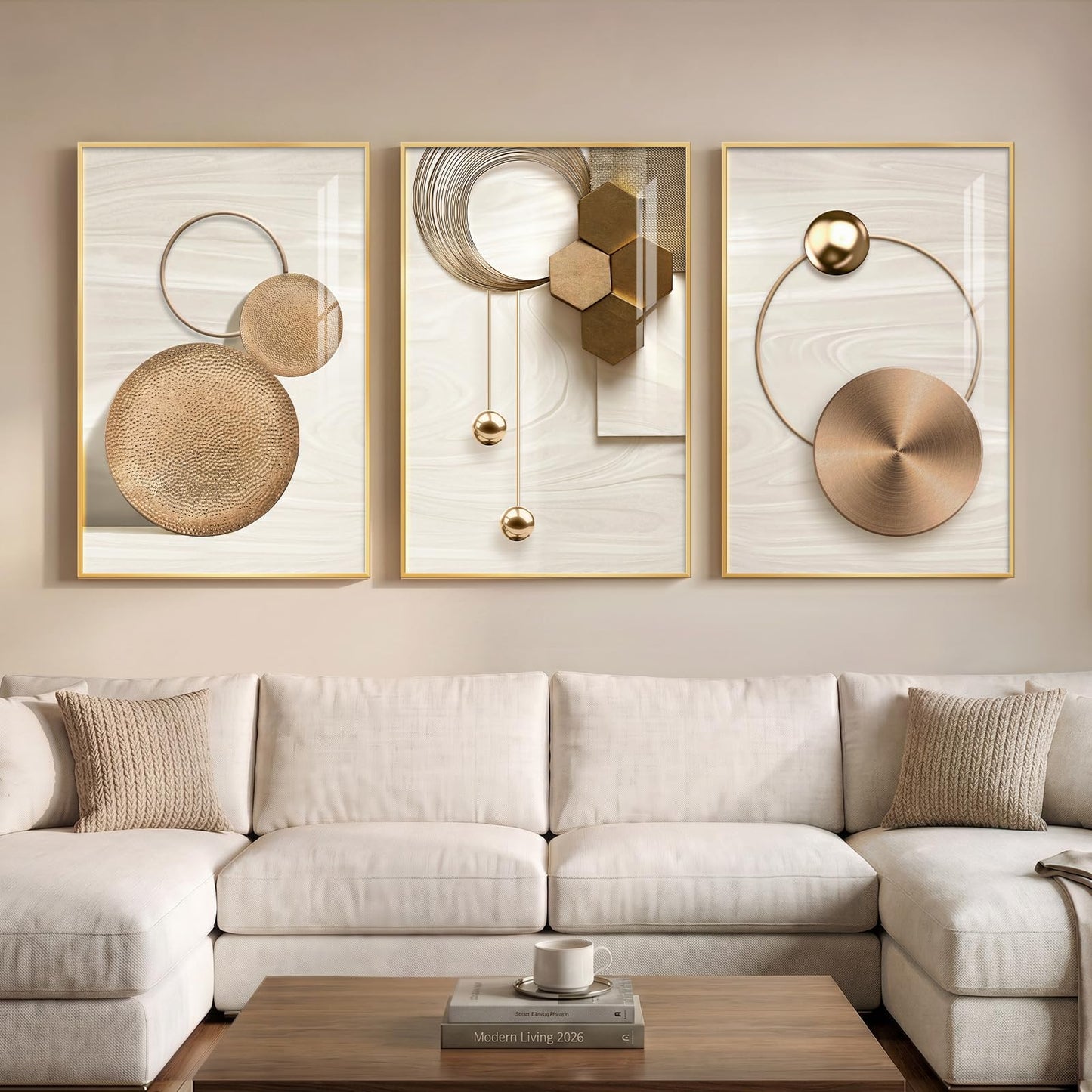 Large Framed Modern Luxury Gold Wall Art for Living Room, 3 Piece Bright Style Art Prints Paintings Artwork for Walls, Bronze Gold Geometric Pictures for Hallway Stair Office Wall Decor 24x36 In
