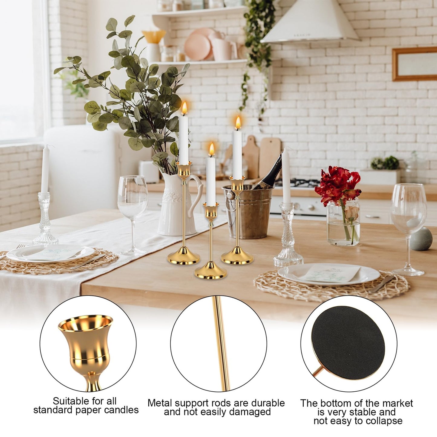 12pcs Gold Candle Holders, Candlestick Holders Taper Candle Holders for Pillar Candles Sticks Holder Decor Halloween Christmas Decorations Candle Candelabros para Centros de Mesa