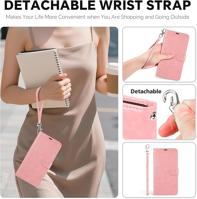 TUCCH 2-in-1 Detachable Wallet Case for iPhone 17 Pro (6.3-inch) 2025, RFID Blocking 4 Card Slots, Wireless Charging, Wrist Strap, Kickstand, Magnetic, PU Leather, Protective Flip Cover, Rose Gold