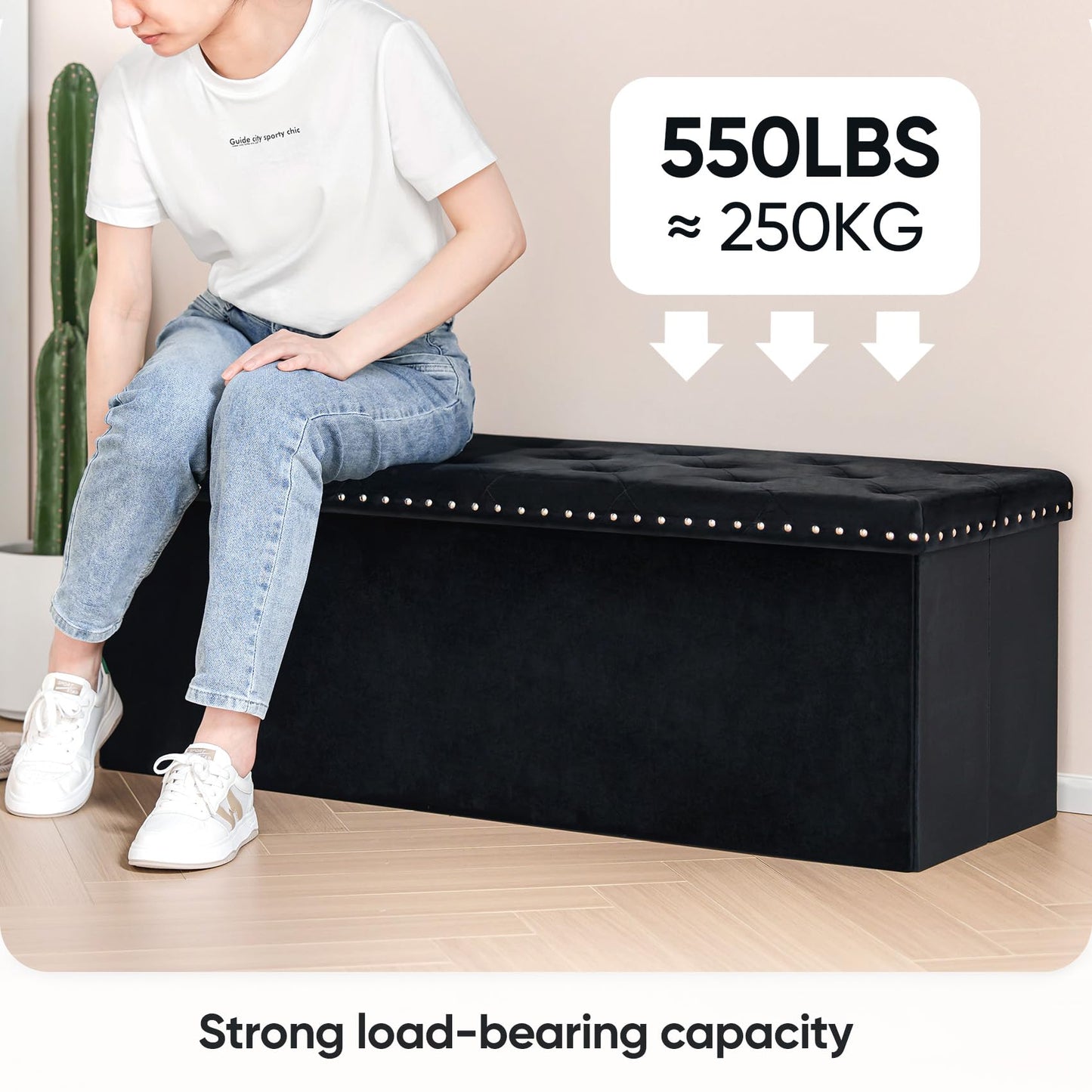 PINPLUS Folding Storage Ottoman Bench, Black Faux Leather Long Ottoman Chest, Footrest Seat, Blanket Storage for Living Room Bedroom Office Hallway, 43.3"x15"x15"