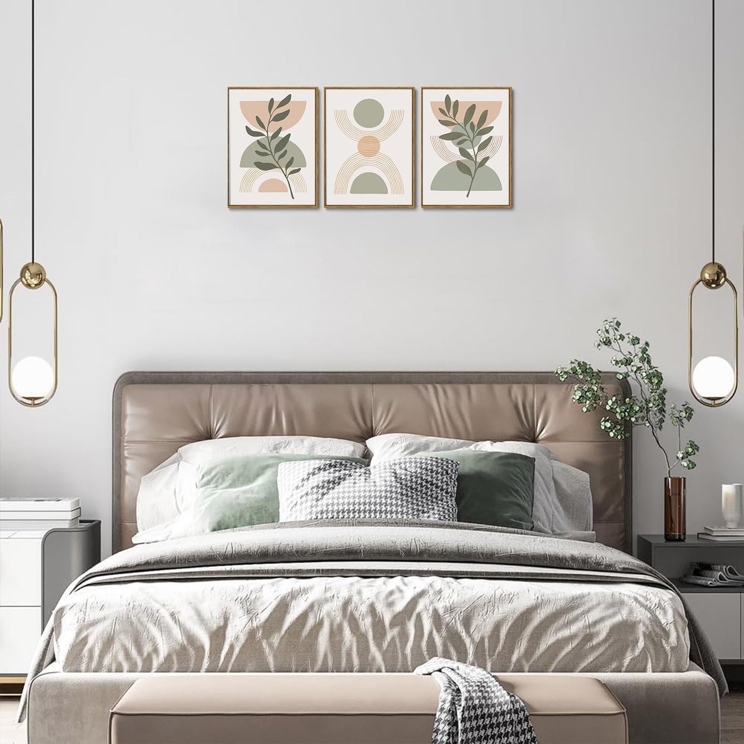 Bwodke Boho Wall Art, Framed Abstract Wall Art, Green Botanical Neutral Canvas Wall Decor, Large Mid Century Plant Pictures Set of 3, Modern Minimalist Paintings, for Bedroom Living Room Bathroom
