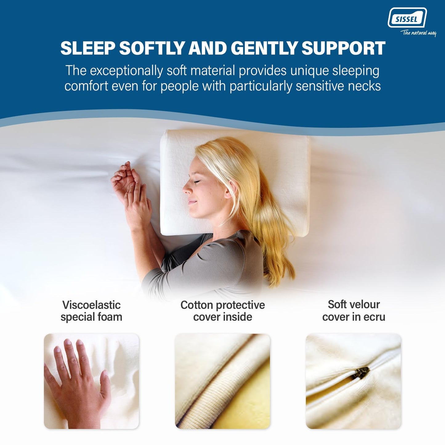 SISSEL Soft M Neck Pillow | Viscoelastic Special Foam | Ergonomic Spine Support | Washable Velour Cover | Relaxation for Neck and Cervical Muscles | 5-Year Warranty | 18.5 x 13 x 4.3 inches