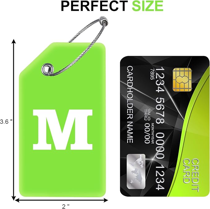 Gostwo 2 Pack Silicone Luggage Tags for Suitcases, 26 Initial Letter Baggage Labels Handbag School Bag Suitcase Instrument Tag with Stainless Steel Loop(Green)(Letter M)