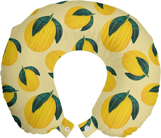 Ambesonne Garden Art Travel Pillow Neck Rest, Close-Up Graphic Lemon Images with Leaves Illustration Limes Print, Memory Foam Traveling Accessory for Airplane and Car, 12", Jade Green and Mustard