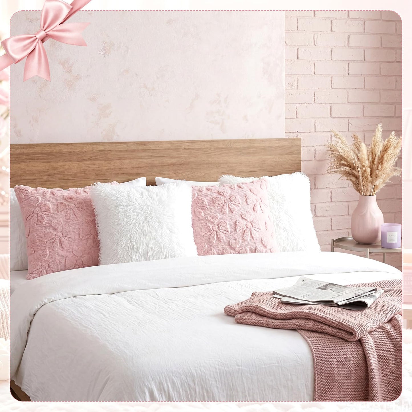 Mixweer 4 Pack Pink Bow Pillow Covers 18x18, Coquette Room Decor Soft Plush White Velvet Throw Pillow Covers, Cute Decorative Cushion Cases for Couch, Sofa, Bed, Girls Bedroom, Valentine’s Day Decor