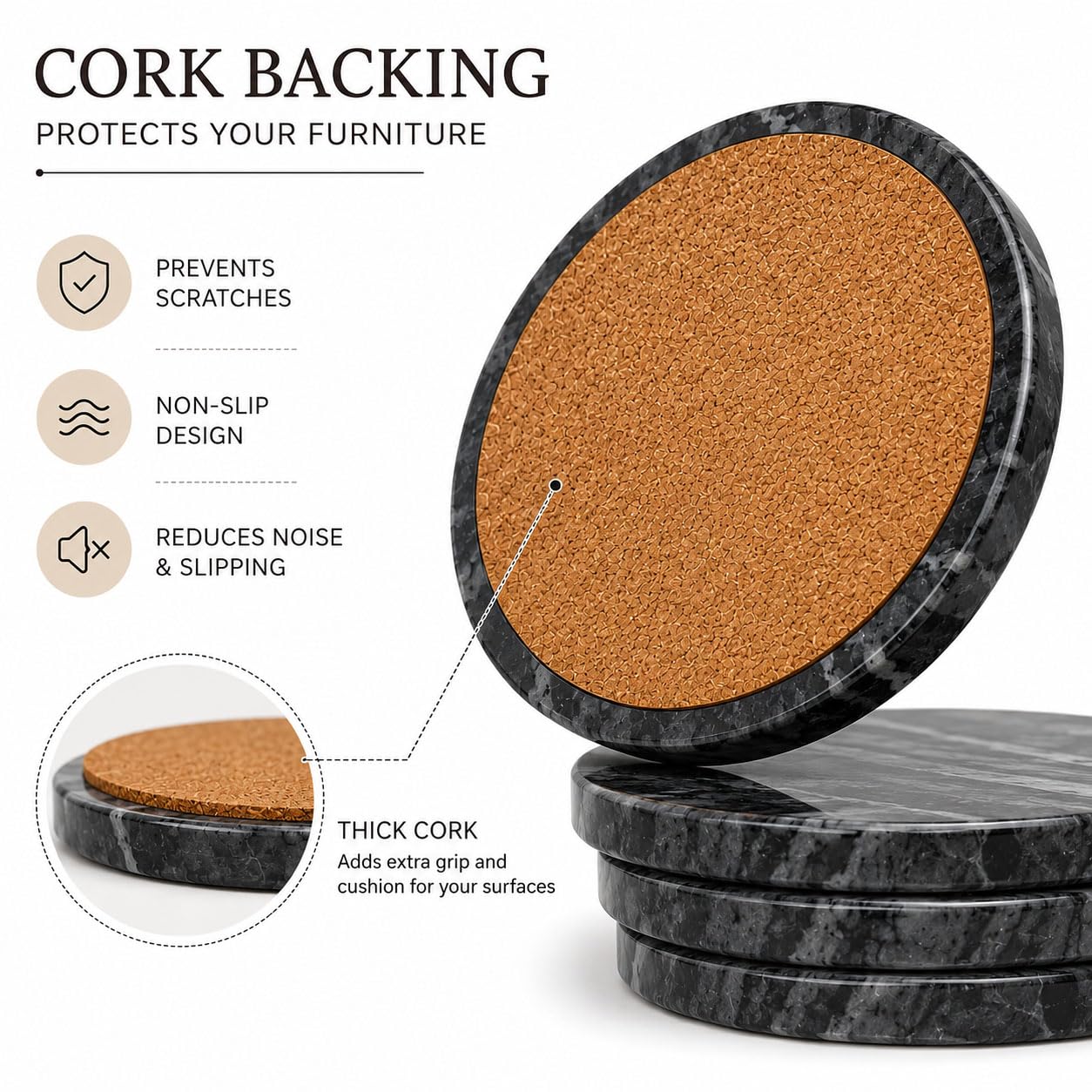 Terrarowth Midnight Black Marble Coasters Set of 4, Natural Stone Drink Coasters with Cork Backing, Round Black Marble Coasters for Bar Cart, Coffee Table & Home Decor