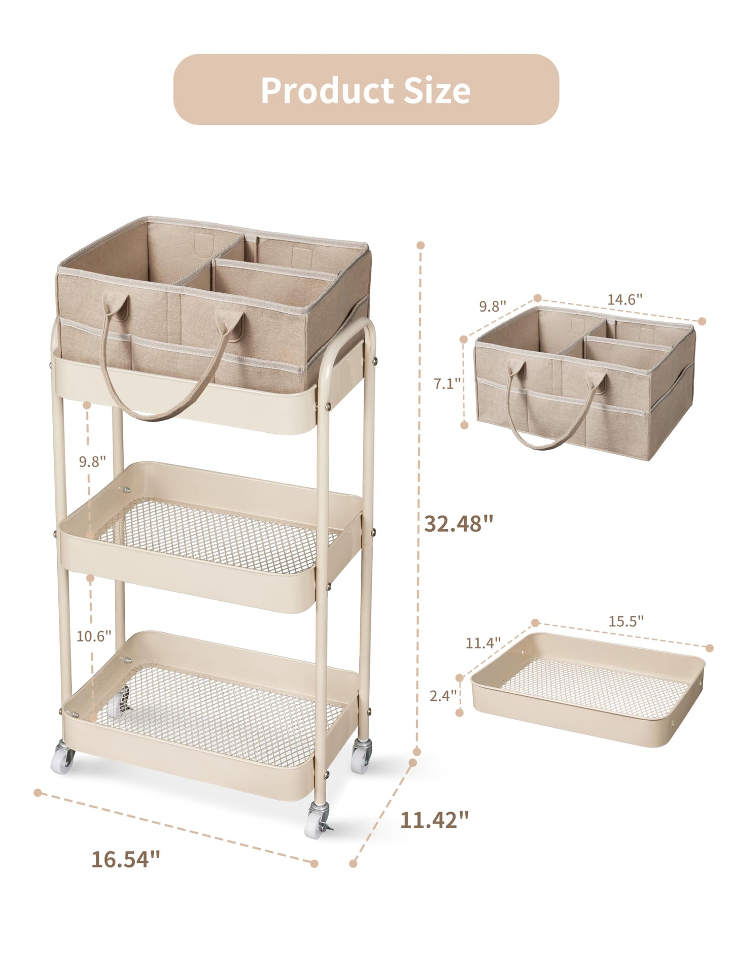 Fortella Baby Diaper Caddy, 3 Tier Rolling Storage Cart for Baby Essentials, Diaper Cart with Detachable Dividers, Storage & Baby Bottle Organizer, Nursery Dresser for Bedroom, Living Room (Taupe)
