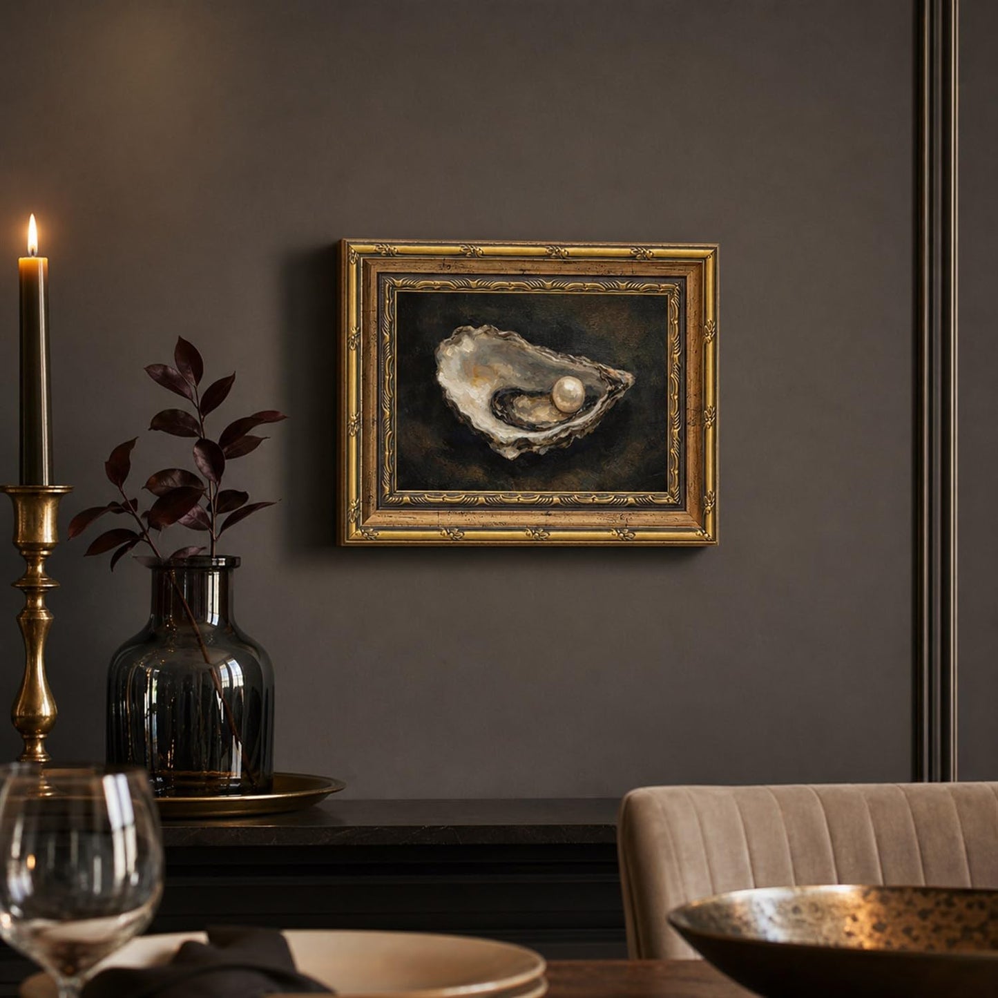 Gold Framed Wall Art Classical Pearl Oyster Painting for Kitchen Countertop Decor French Country Still Life Picture Ornate Framed Canvas Artwork for Dining Room 8x10 Inch
