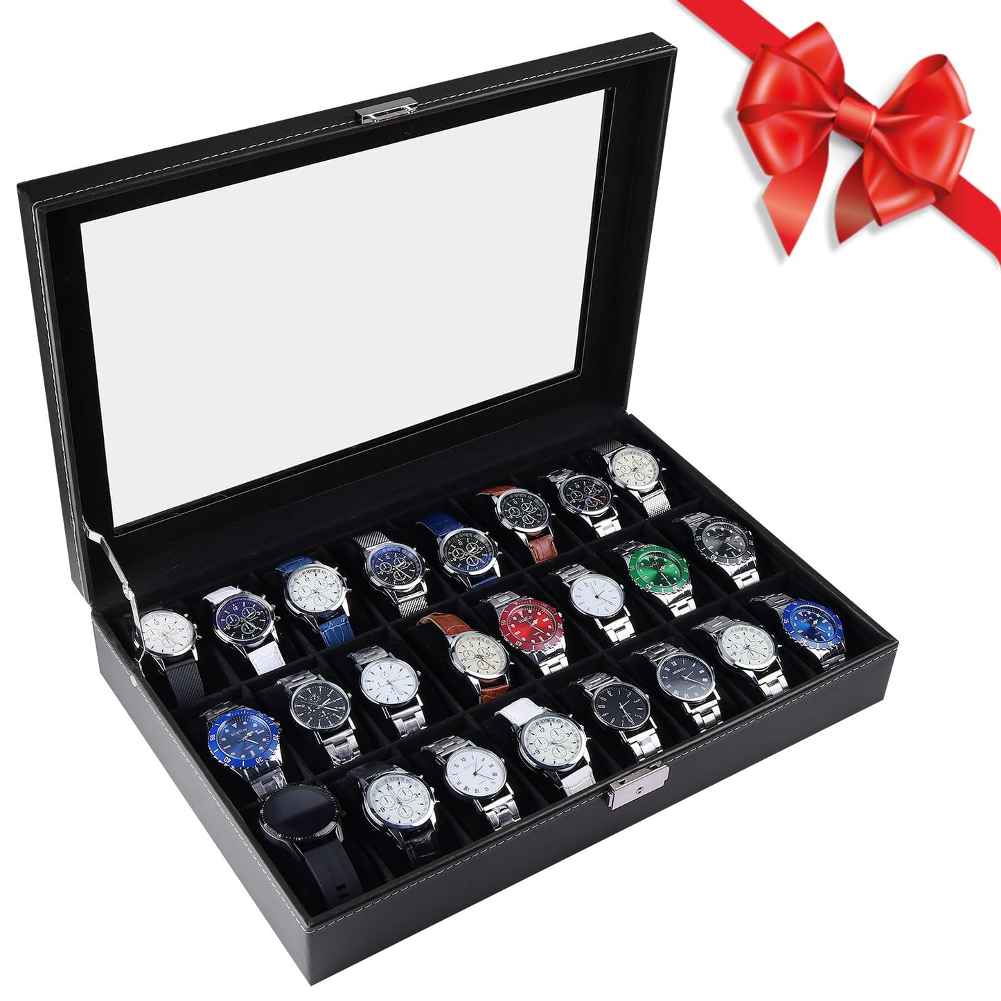 Artilife 24 Slot Watch Box for Men,Watch Cases for Men,Watch Display Case,Glass Top,PU Leather Display Storage Collection Organizer Jewelry Case Watch Organizer with Removable Pillows Black