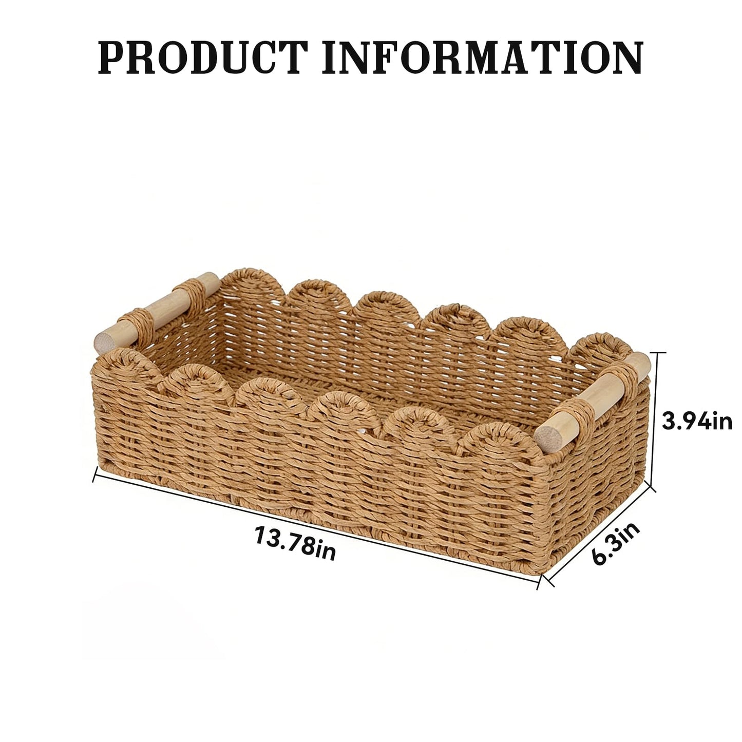 Upgraded Paper Rope Scalloped Edge Toilet Paper Storage Basket, Small Living Room, Bedroom Decor Baskets for Over Toilet Storage Shelf, End Table, Shelves and More, with 2 Wooden Handle (Neutral)