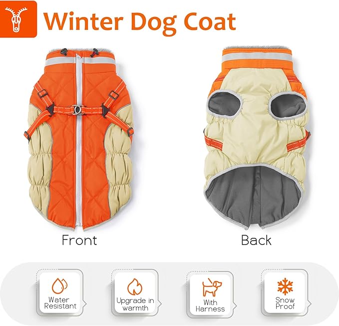Abuandi Dog Winter Coat with Harness, Dog Jacket, Pet Clothes with Zipper on Back, Waterproof Windproof Warm Vest, Reflective Cold Weather Coats, for Small Medium Large Dogs, Thick, Orange, M