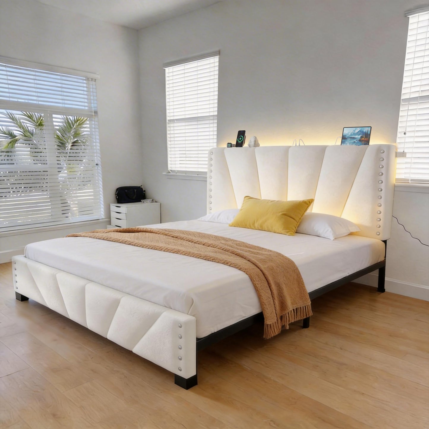 EnHomee Queen Platform Bed Frame with Velvet Upholstered Adjustable Headboard, LED Lights, and Charging Station for Bedroom, Apartment, No Box Spring Needed, Noise-Free, Easy Assembly, Beige