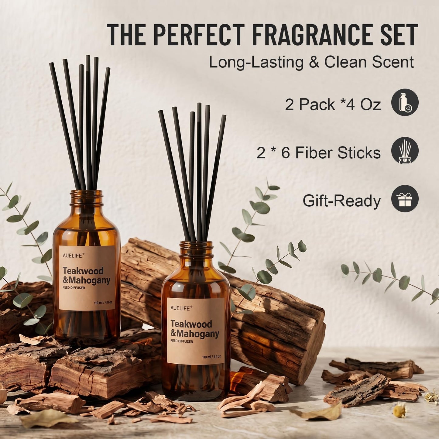 Auelife Reed Diffuser Set, Teakwood & Mahogany 2 Pack 8 Fl Oz Scented Diffuser with Fiber Sticks, Home Fragrance Reed Diffuser for Bathroom Shelf Decor, Bedroom, Office & Housewarming Gift