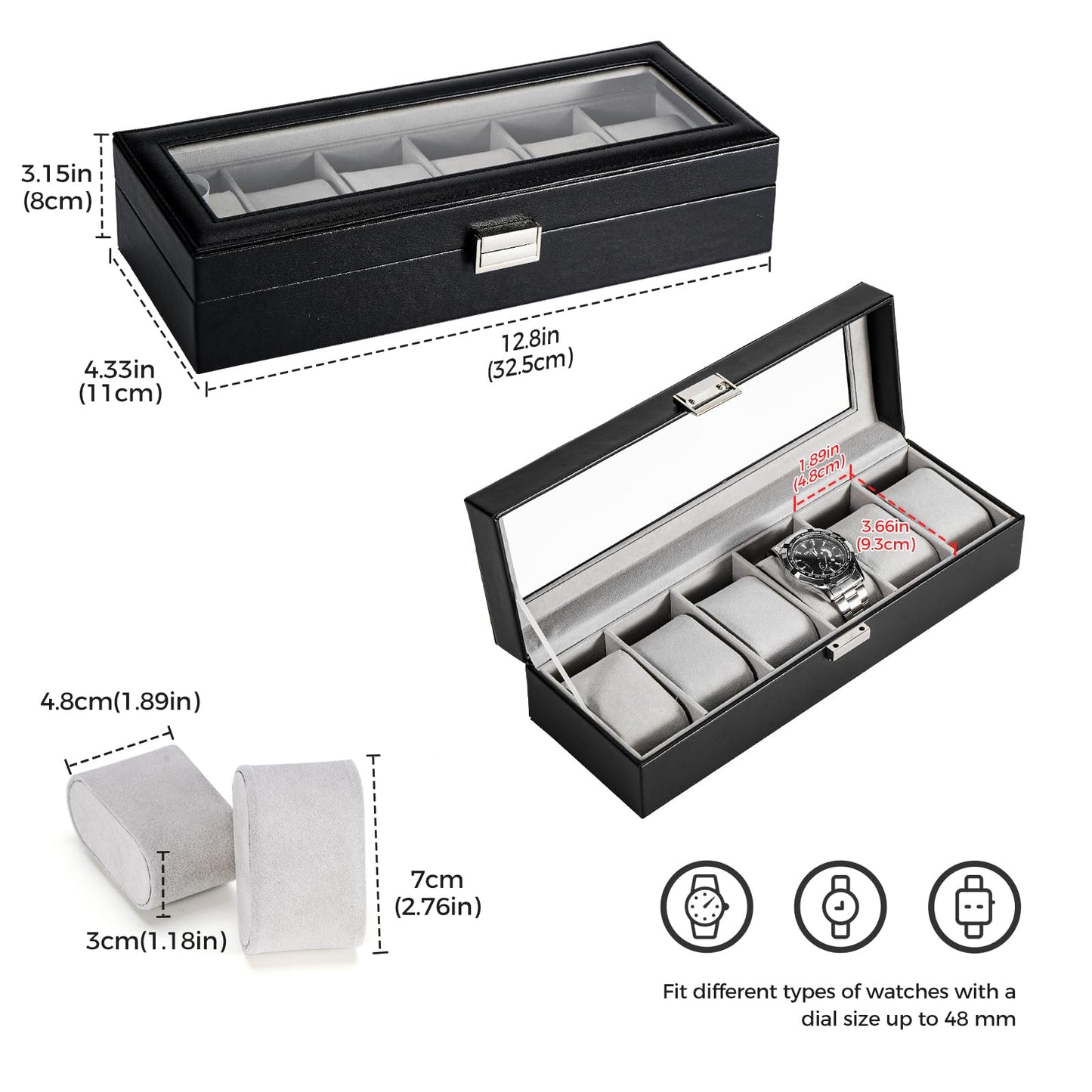 ProCase Watch Box, 6 Slot Mens Watch Case, Watch Storage Holder Organizer, Watch Display Case with Glass Lid, Anniversary Birthday Valentine Gifts for Men Women -6 Slot, Black