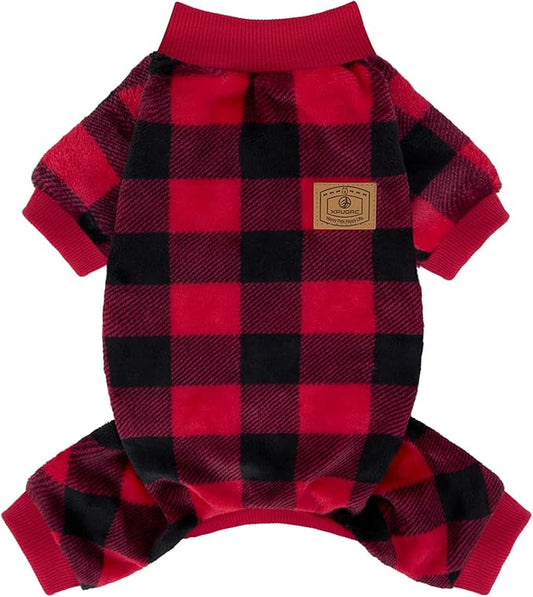 XPUDAC Dog Christmas Sweater Plaid Dog Pajamas for Small Medium Dogs Girl Boy Fleece Puppy Clothes Outfit for Winter, S