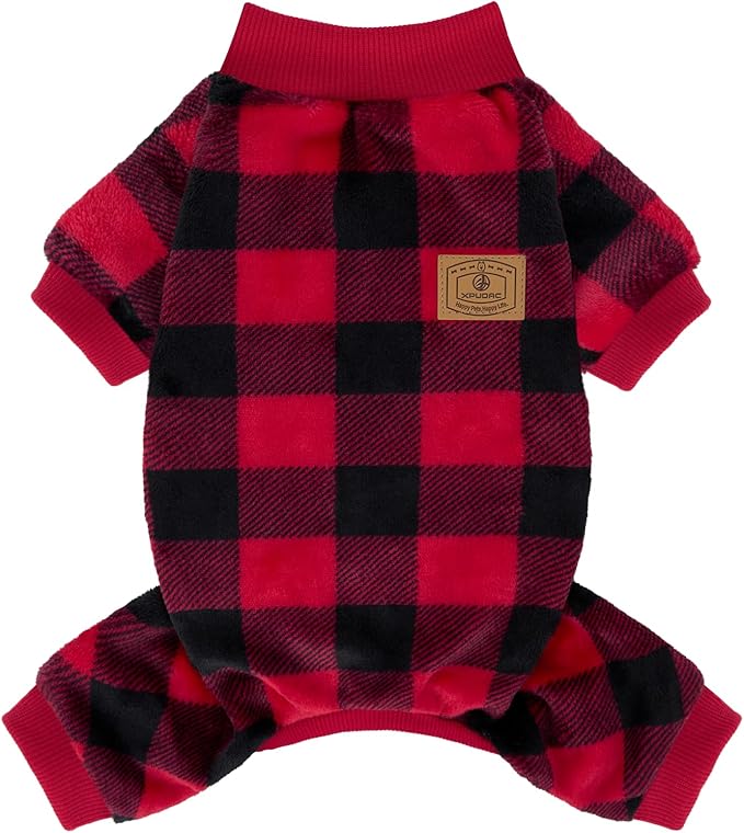 XPUDAC Dog Christmas Sweater Plaid Dog Pajamas for Small Medium Dogs Girl Boy Fleece Puppy Clothes Outfit for Winter, 2XL