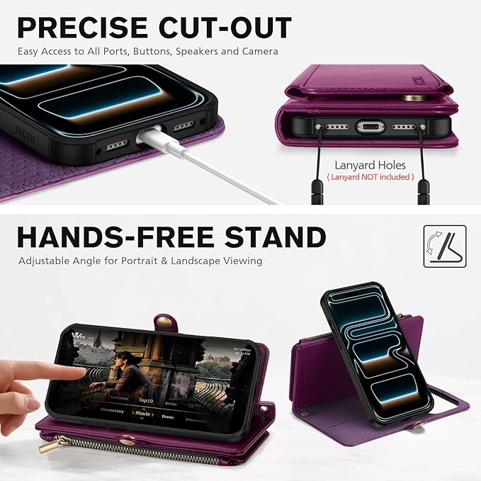 TUCCH Crossbody Detachable Wallet Case for iPhone 17 Pro Max 6.9", 10 Card Holders RFID Blocking, Wireless Charging, Stand Wrist Strap, Lanyard, Zipper Pocket, PU Leather Shockproof Cover, Plum Purple