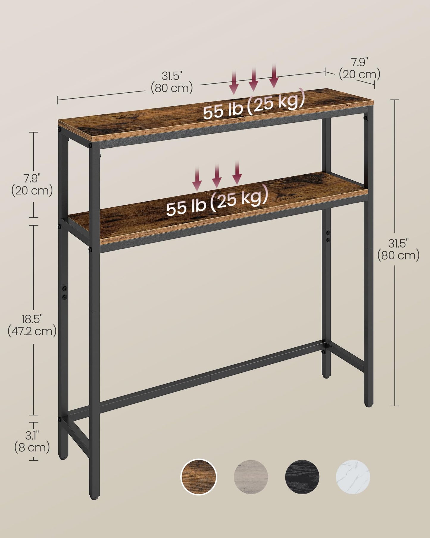 VASAGLE Console Table, 2-Tier Narrow Sofa Table with 2 Shelves, 7.9 x 31.5 x 31.5 Inches, for Living Room, Hallway, Entryway, Rustic Brown and Ink Black ULNT130K01V1