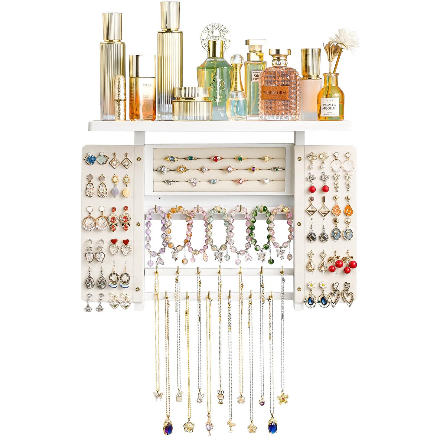 Emfogo Jewelry Organizer Hanging Wall Mounted Jewelry Holder, 5-in-1 Large Capacity Necklace Organizer Wall Hanging Jewelry Display for Ring, Necklaces, Bracelets, Earrings (White)