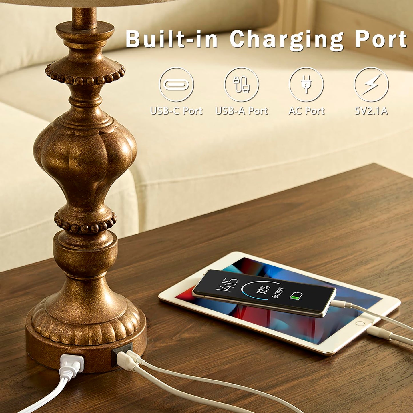 SAIWEYA 27.5" Farmhouse Table Lamps Set of 2 Bedside Nightstand Lamp with USB C+A Ports & AC Outlet, 3 Way Dimmable Touch Lamps for Bedroom Living Room Office Rustic Lamp