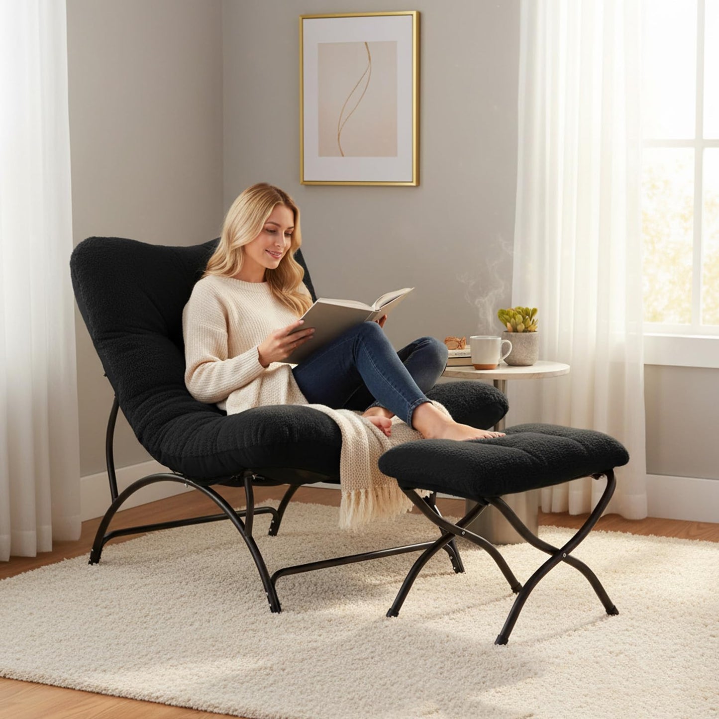 Tiita Accent Lazy Chair with Ottoman, Comfy Lounge Chair with Metal Frame and Plush Fabric, Thick Cushion Seated Cozy Recliner Chair for Reading Room, Living Room, Bedroom, Office, Black