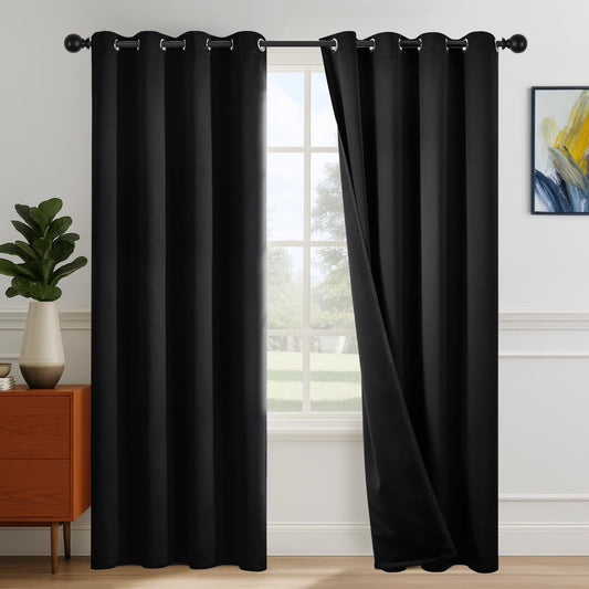 Deconovo 100% Blackout Curtains for Bedroom & Home Theater, Grommet Drapes with Black Backing & Thermal Insulation, Black, 52W x 84L Inch, 2 Panels, Sleep, Work & Total Privacy